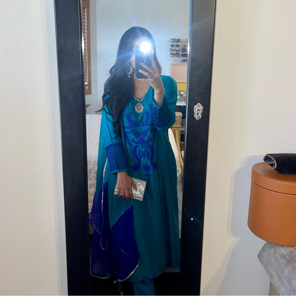 Pakistani 3pc Raw Silk Teal and Royal Blue Silver Shalwar Kameez